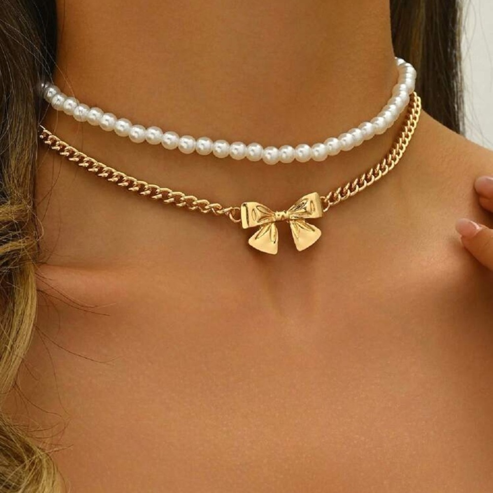 Pearl and Gold Tone Bow Choker Necklace Set